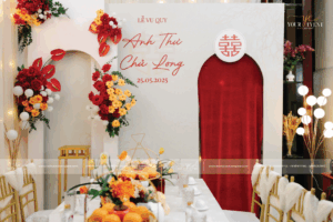 Trang trí gia tiên tone đỏ cam